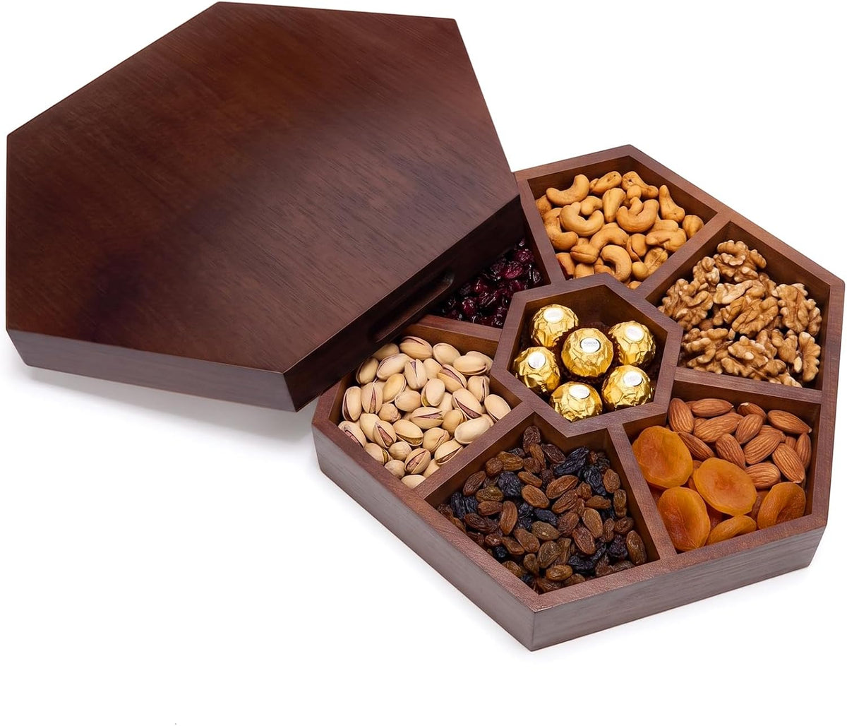 13in Wooden Snack Platter with Lid and Handle, Walnut Veggie Tray