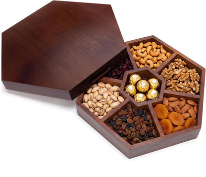 13in Wooden Snack Platter with Lid and Handle, Walnut Veggie Tray