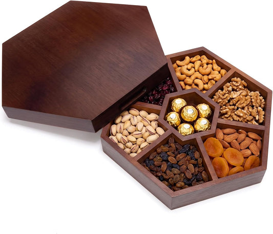 13in Wooden Snack Platter with Lid and Handle, Walnut Veggie Tray