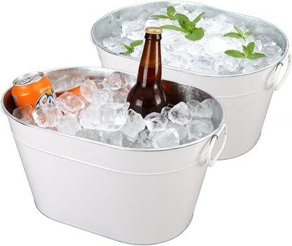 Galvanized Tub Ice Bucket for Party, Thick Metal Galvanized Drink Buckets, Beverage Tub with Handles, Drink Bucket for Indoor & Outdoor Parties (2PCS White)
