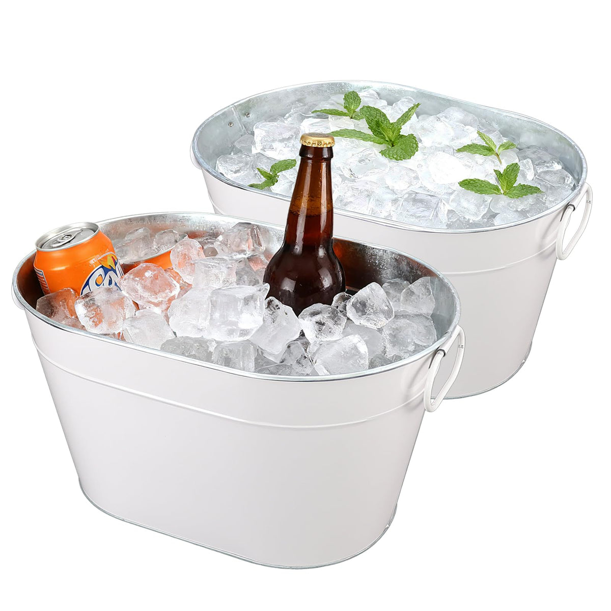 Galvanized Tub Ice Bucket for Party, Thick Metal Galvanized Drink Buckets, Beverage Tub with Handles, Drink Bucket for Indoor & Outdoor Parties (2PCS White)