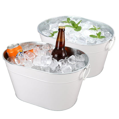 Galvanized Tub Ice Bucket for Party, Thick Metal Galvanized Drink Buckets, Beverage Tub with Handles, Drink Bucket for Indoor & Outdoor Parties (2PCS White)