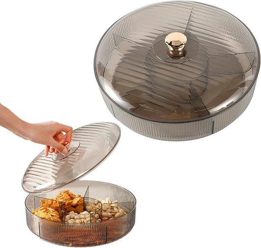 Divided Clear Snack Serving Tray with Lid, 6 Compartments Round Plastic Food Storage Organizer for Fruits, Nuts, Candies, Cookies, Snackle Box for Kitchen, Party and Picnic(Grey)