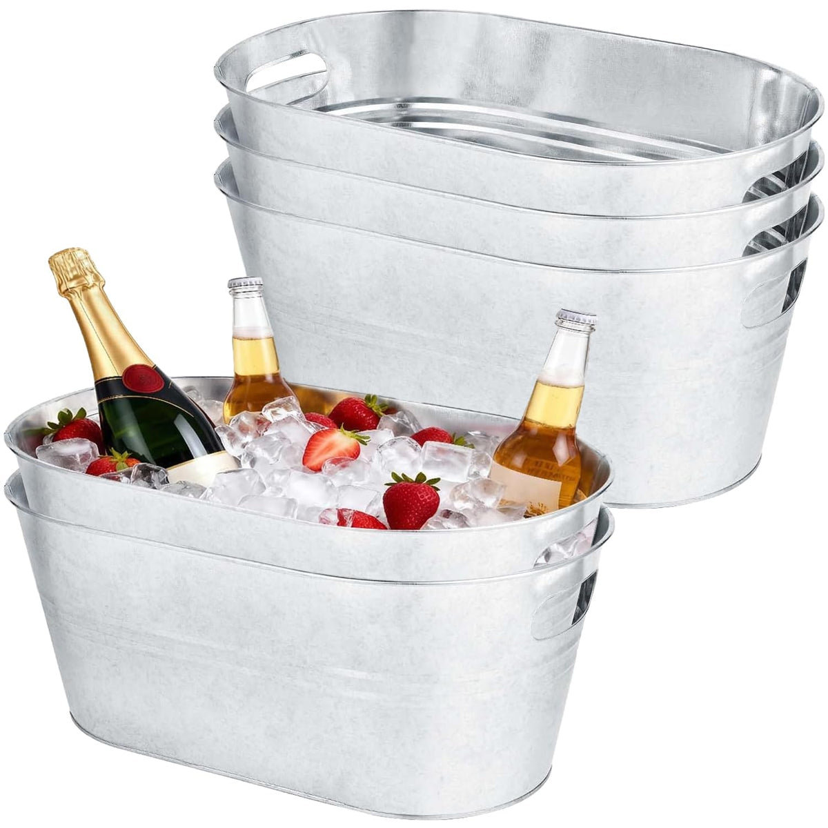 OBTANIM 3 Pack 4 Gallon Galvanized Ice Buckets Metal Champagne Drink Cooler Ice Tub with Carry Handles for Beer Cocktails Wine Beverage Home Parties Bar Cooling Supplies (Silvery)