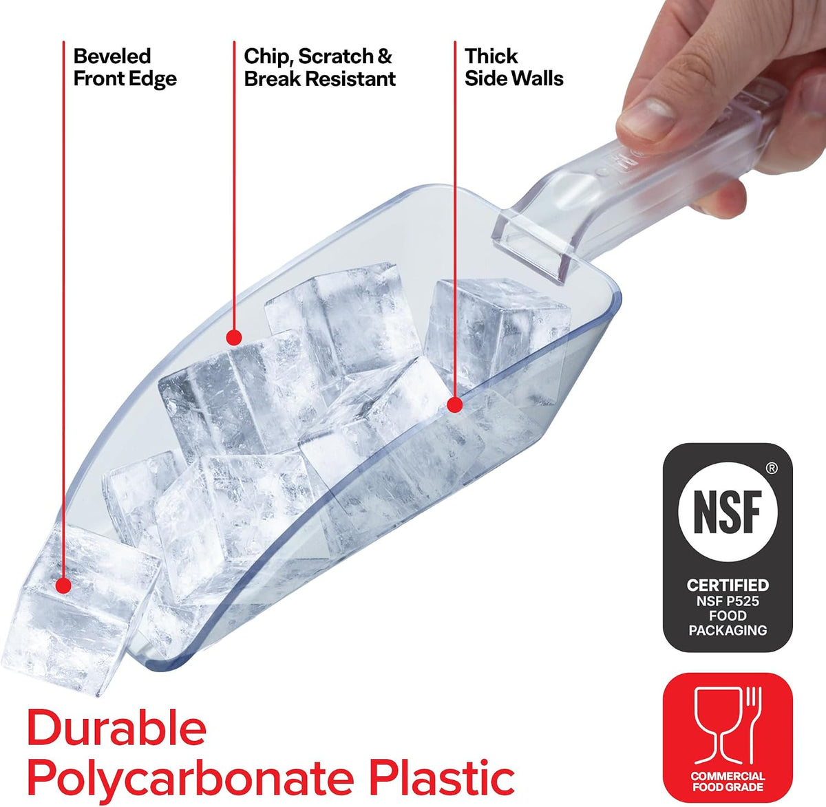 Ice Scoop for Freezer, 12 oz Clear Plastic Ice Scooper | NSF Certified Foodservice Utility Scoop | Beveled Edge, Hanging Slot | Bar Scoop, Ice Bin, Ice Machine, Candy, Popcorn, Cocktail