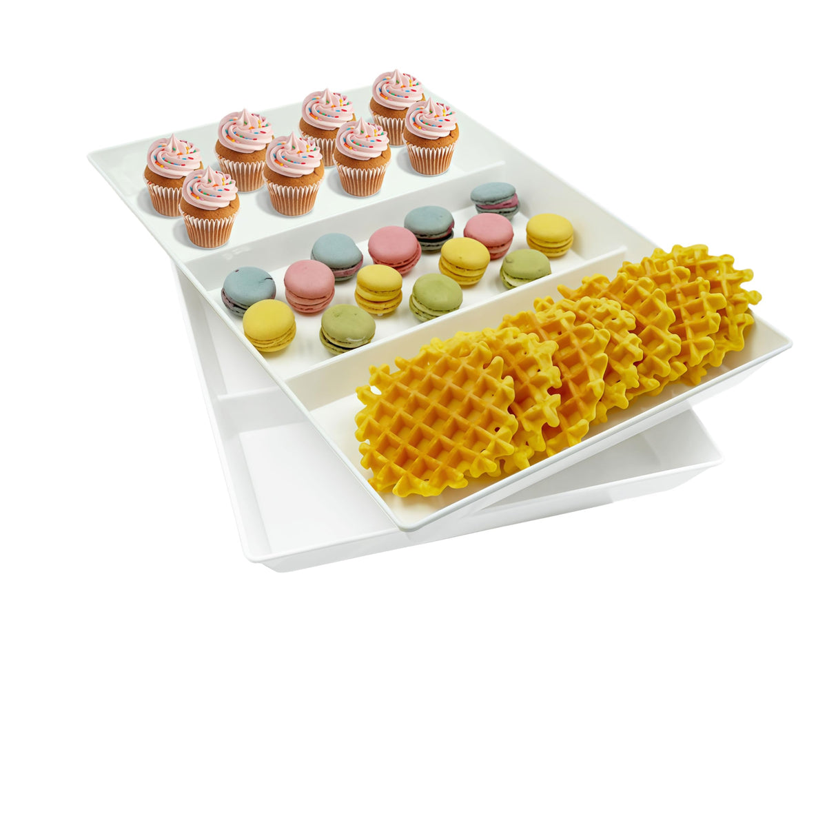 Divided Serving Tray Platter, 4 Pack 15" x 10" Fruit Veggie Food Tray for Party, Plastic Serving Trays for Appetizer, Snack, Dessert, Cookie, Brunch Decorations Platters, White Trays BPA-Free