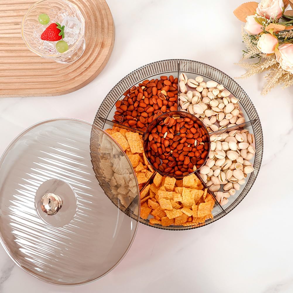 Divided Clear Snack Serving Tray with Lid, 6 Compartments Round Plastic Food Storage Organizer for Fruits, Nuts, Candies, Cookies, Snackle Box for Kitchen, Party and Picnic(Grey)