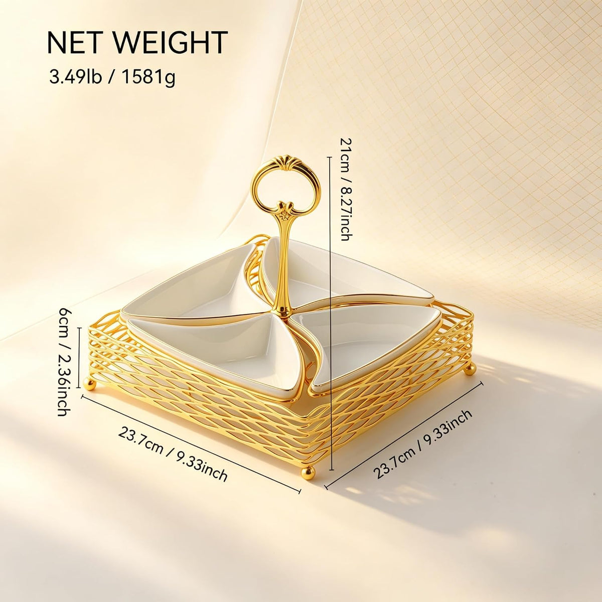 Appetizer Serving Tray,4-Compartment Divided Serving Tray,Ceramic Relish Tray,Chip and Dip Serving Set with Stand,Modern Glam Snack Platter for Appetizers, Fruits, Nuts, Candy, Party Entertaining