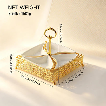 Appetizer Serving Tray,4-Compartment Divided Serving Tray,Ceramic Relish Tray,Chip and Dip Serving Set with Stand,Modern Glam Snack Platter for Appetizers, Fruits, Nuts, Candy, Party Entertaining