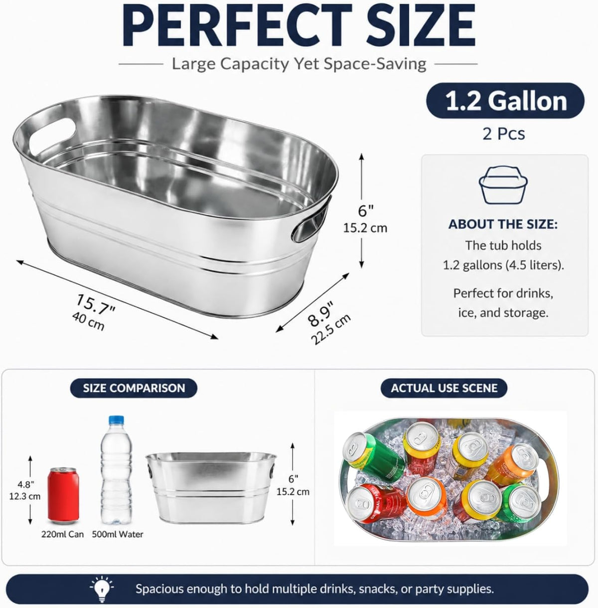 Dicunoy 2 Pack Ice Buckets Galvanized Tub, 1.2 Gallon Beverage Tubs for Parties, Metal Beer Drink Buckets with Handles, Wine Cooler Storage for Champagne Cocktails Bar Supplies