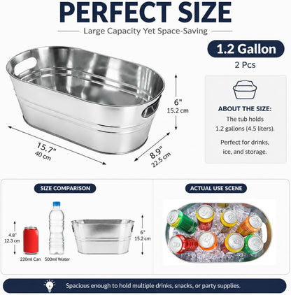 Dicunoy 2 Pack Ice Buckets Galvanized Tub, 1.2 Gallon Beverage Tubs for Parties, Metal Beer Drink Buckets with Handles, Wine Cooler Storage for Champagne Cocktails Bar Supplies