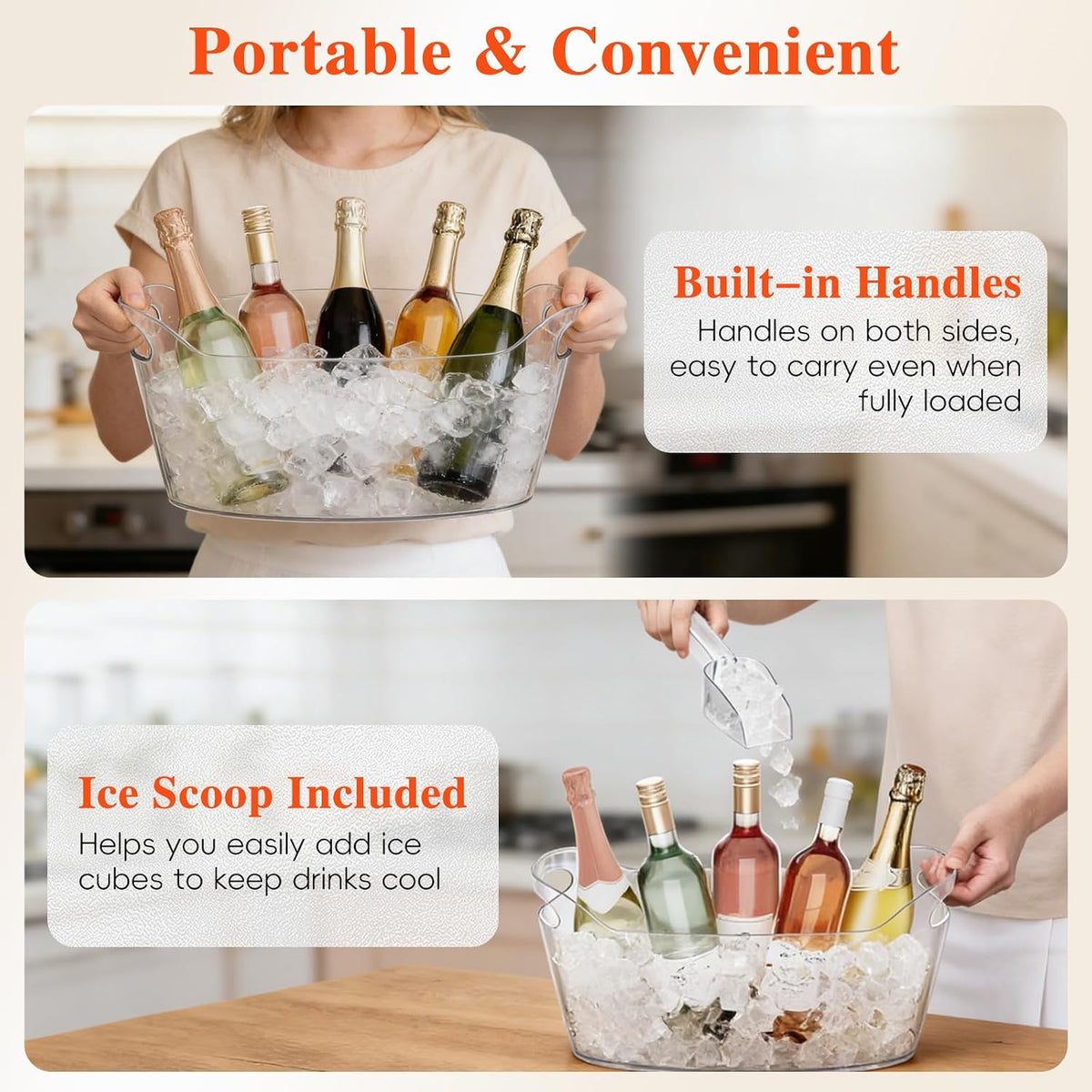 6.5L Plastic Ice Buckets for Parties,2-Pack Large Ice bucket Clear Beverage