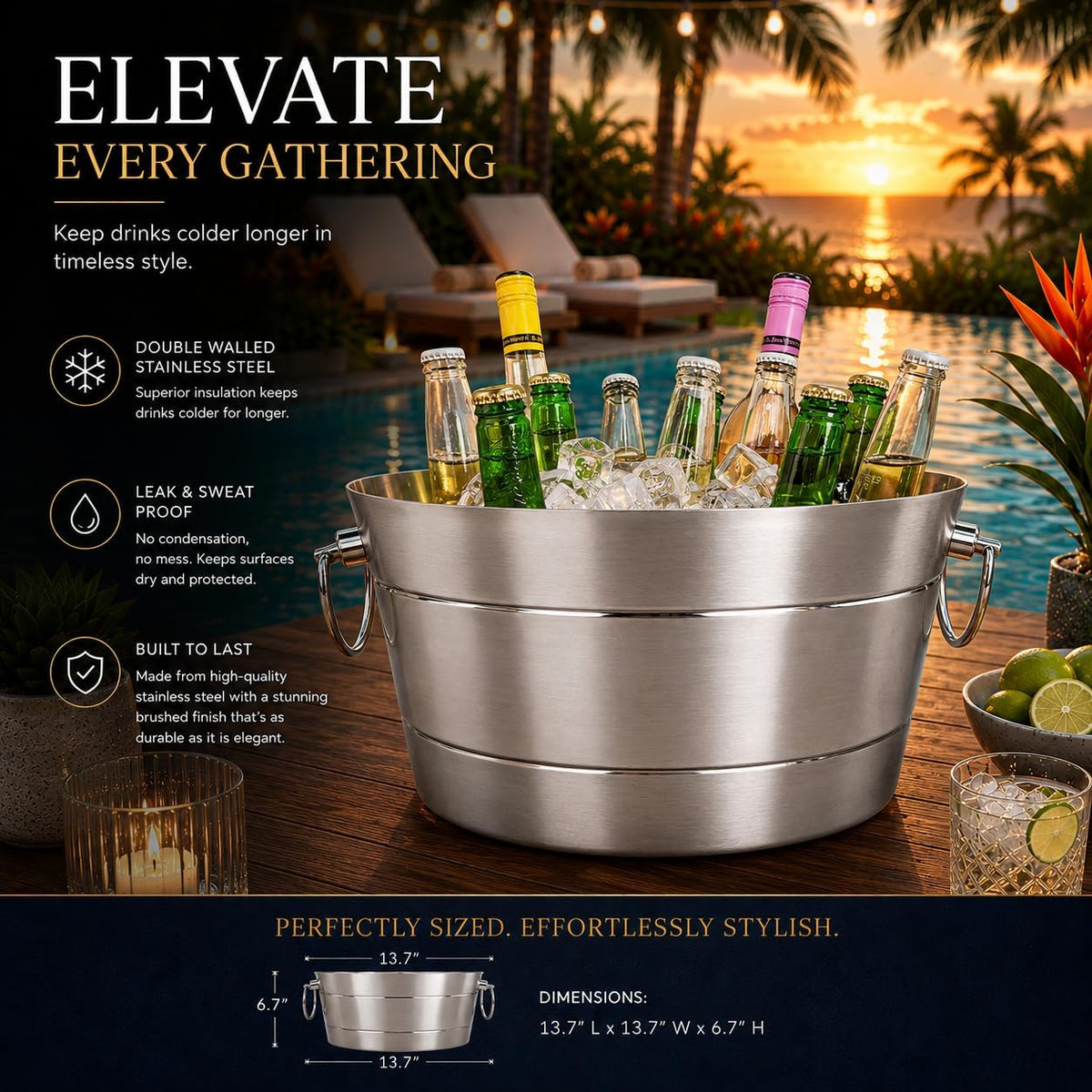 BREKX Insulated Beverage Tub & Ice Bucket, Stainless Steel Silver, 12Qt