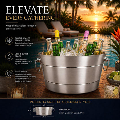 BREKX Insulated Beverage Tub & Ice Bucket, Stainless Steel Silver, 12Qt