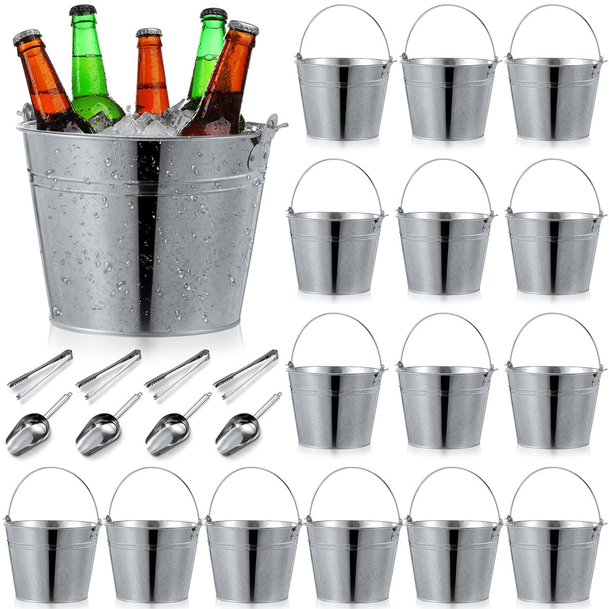 Zopeal 24 Pcs Galvanized Beer Buckets with Scoops Tongs, Retro