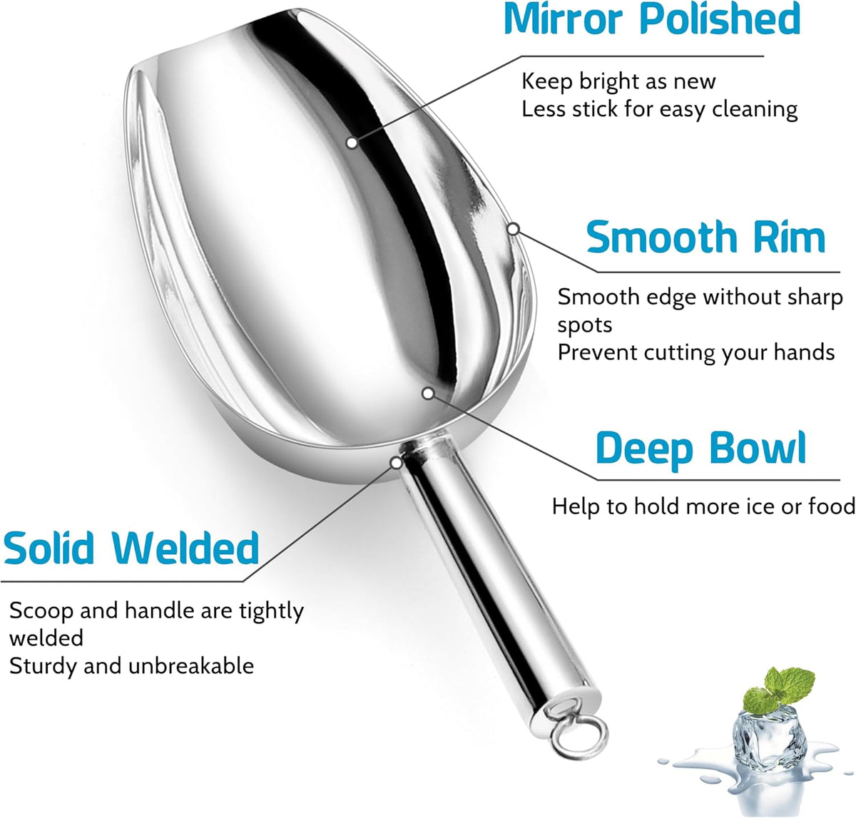 P&P CHEF Ice Scoop Set of 3, Stainless Steel Food Scoop,3+6+8 Oz & Silver
