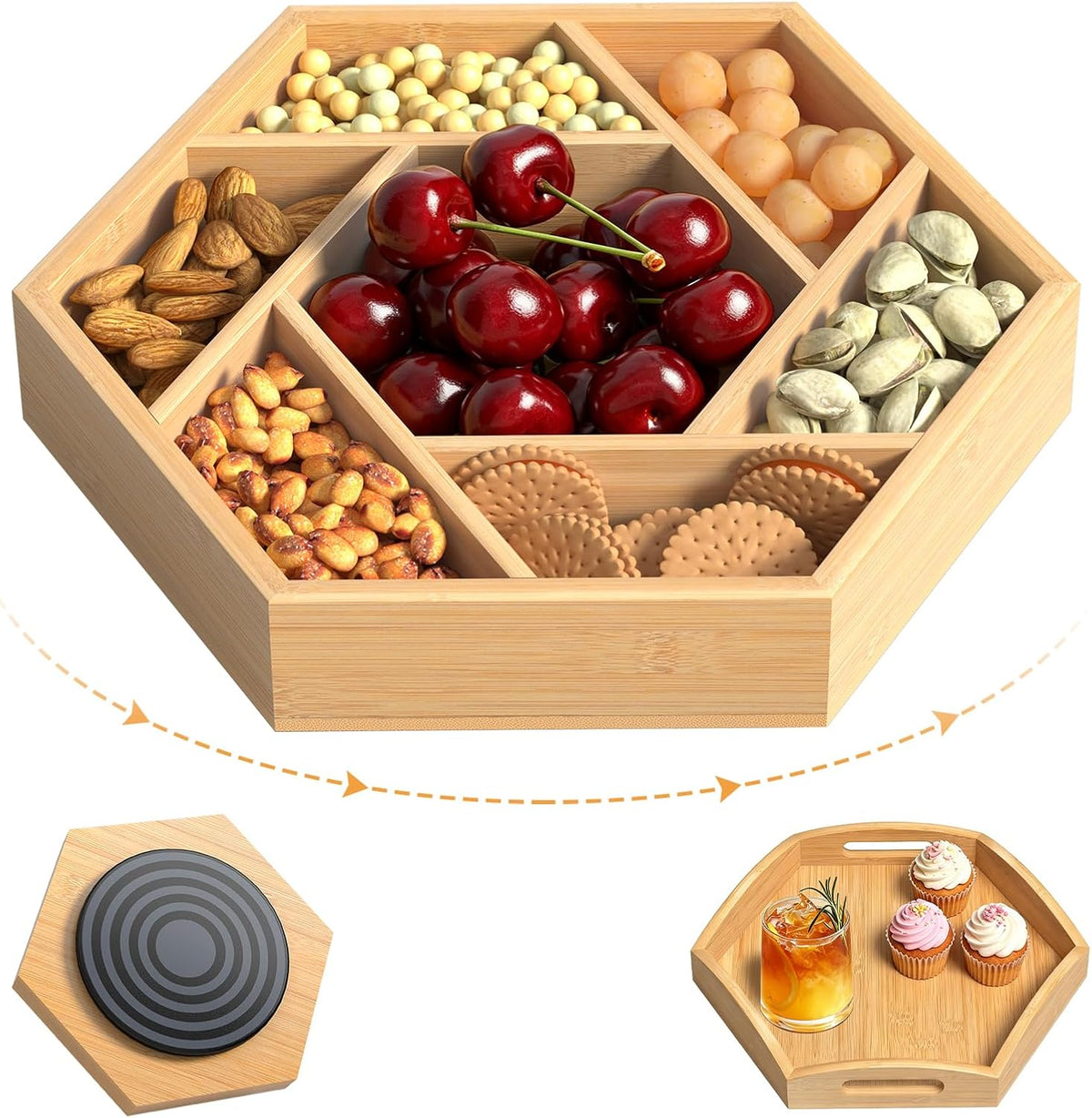 Bamboo Snack Serving Tray with Lid, 360° Rotating Dry Fruit Tray