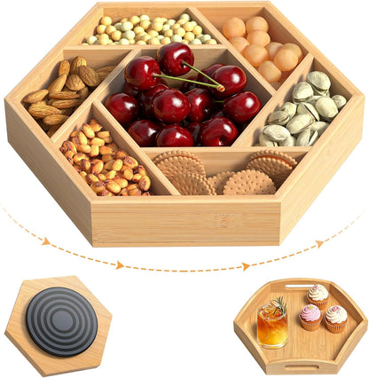 Bamboo Snack Serving Tray with Lid, 360° Rotating Dry Fruit Tray