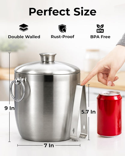 Zulay Kitchen Premium Stainless Steel Double-Wall Insulated Ice Bucket Kit – 3L, Leak-Proof, Stylish Drink Cooler for Parties, Cocktails, Wine, and Whiskey – Perfect for Home & Bar Use