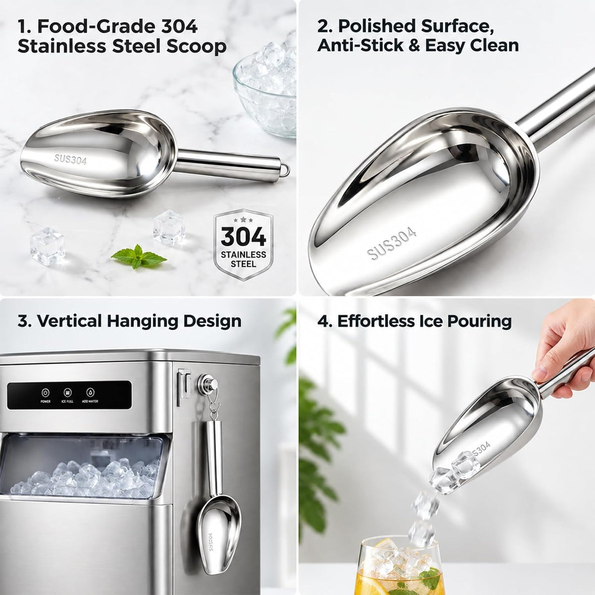 6Oz 304 Stainless Steel Ice Scoop for Freezer with Magnetic Hook