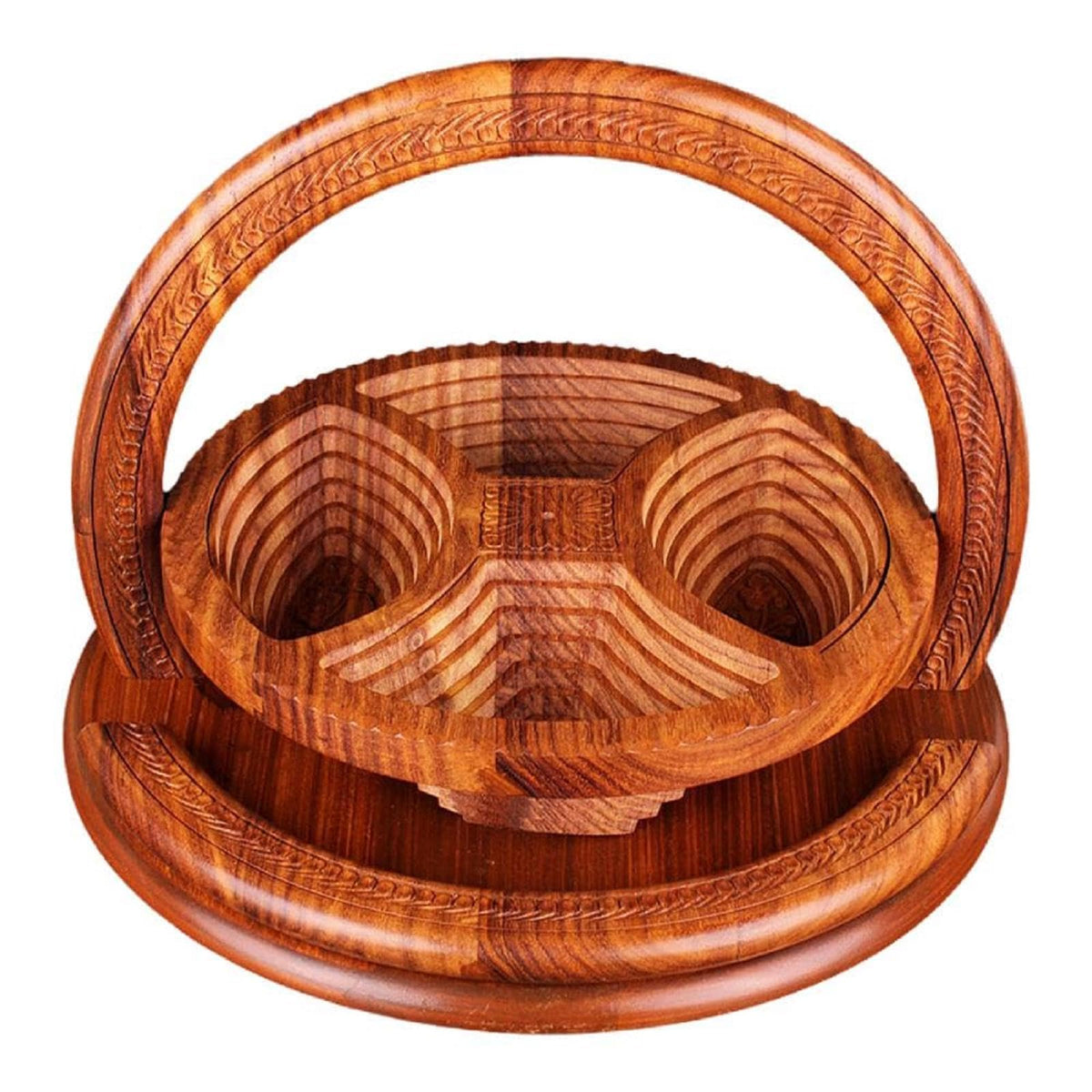Handmade Wood Carving Fruit Plate, Wooden Folding Fruit Plate, Creative Foldable Dried Fruit Basket Collapsible Bread Nuts Baskets, Gift Basket Fruit Bowl, Triple Grid