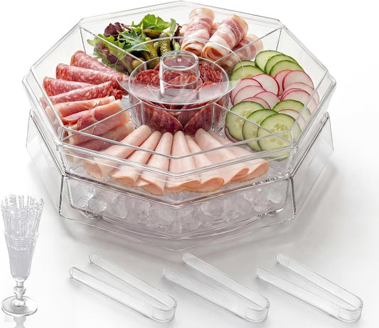 Chilled Serving Tray with Lid, Rotating Cold Serving Tray for Parties