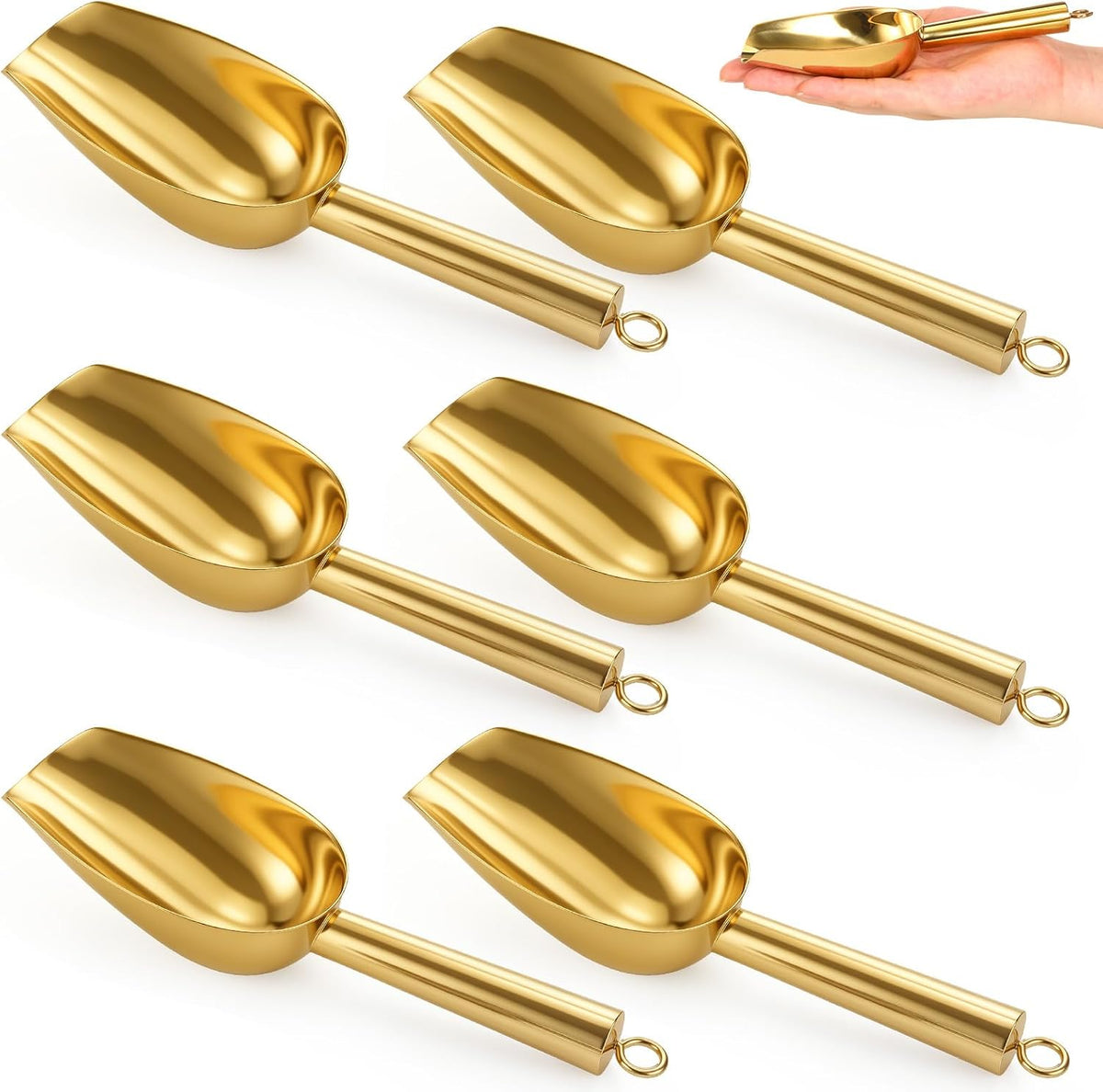 Mini Ice Scooper Set of 6, 3oz Stainless Steel Kitchen Scoops Metal Utility Scoops Stainless Steel Canister Small Ice Candy Scoop Utility for Kitchen Bar Party Wedding, Mirror Finish, Gold