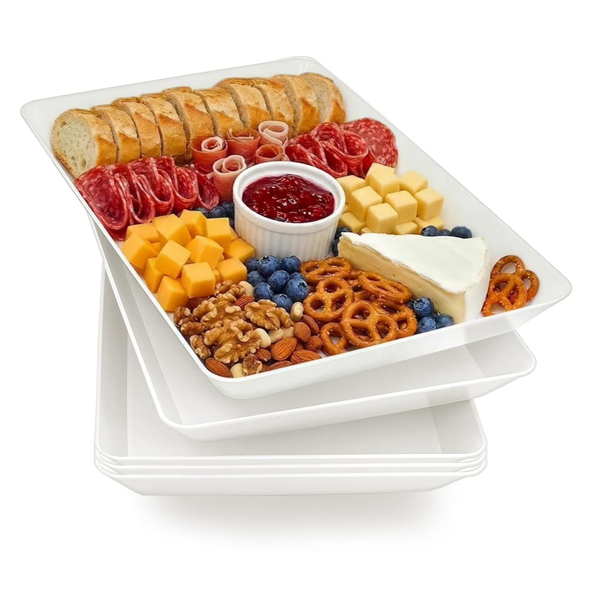 Serving Tray Platter, 4 Pack Food Tray for Veggie Fruit Snack Dessert Cookie Cheese, Food Trays for Party Supplies Display, Plastic Platters for Serving Food, Large White Trays, BPA Free