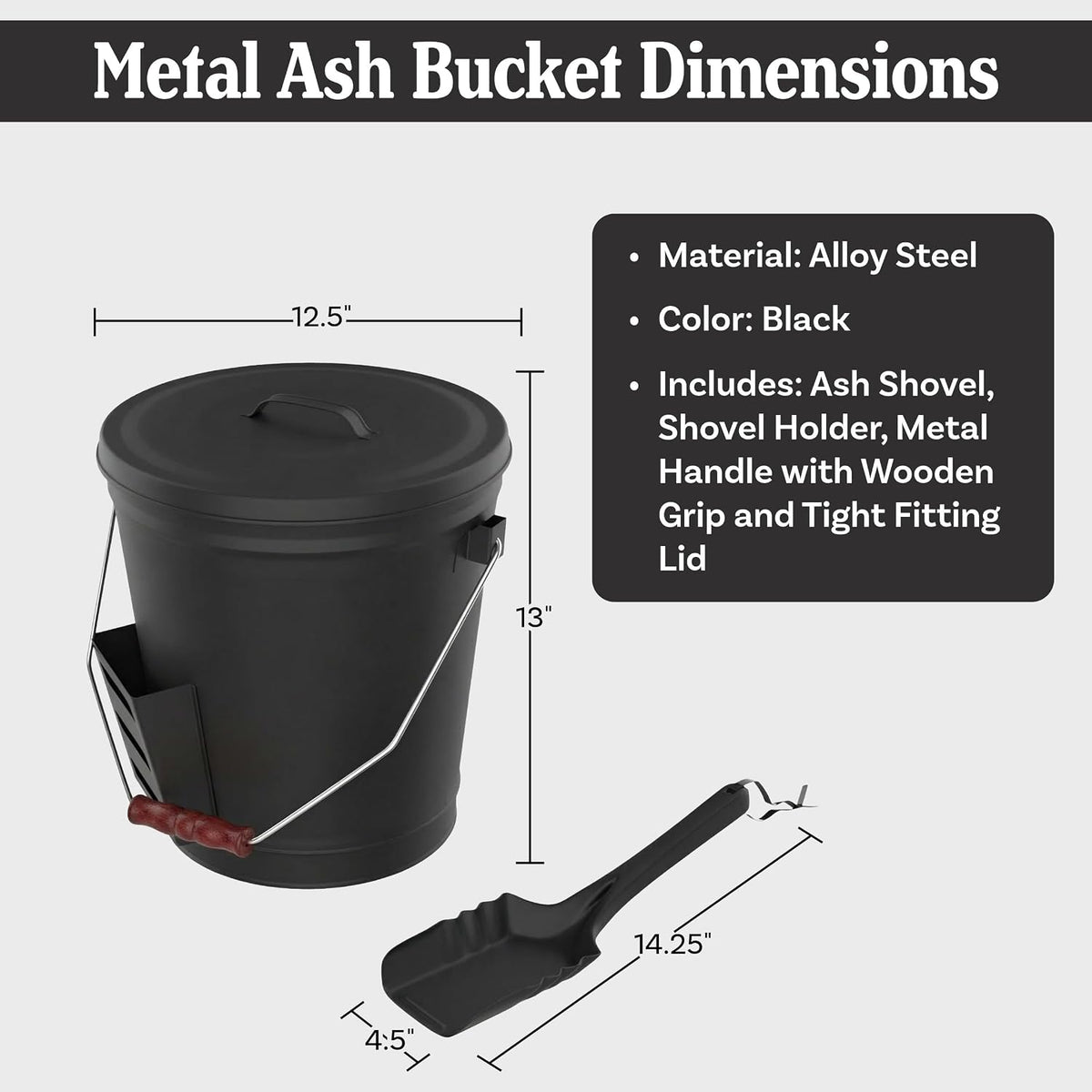 Pure Garden Metal Ash Bucket and Shovel, Black, 4.75-Gallon