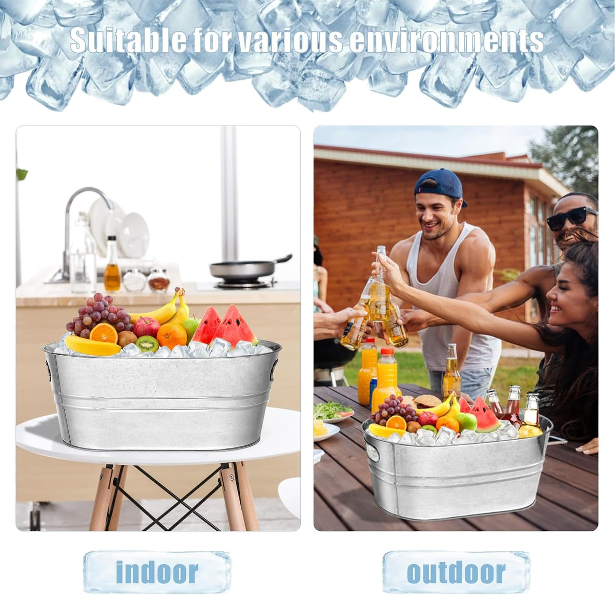 4 Pack Galvanized Tub Ice Bucket, 3 Gallon Large Metal Drink Buckets