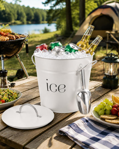 3 Qt White Galvanized Ice Bucket with Lid, Scoop and Handles, Insulated