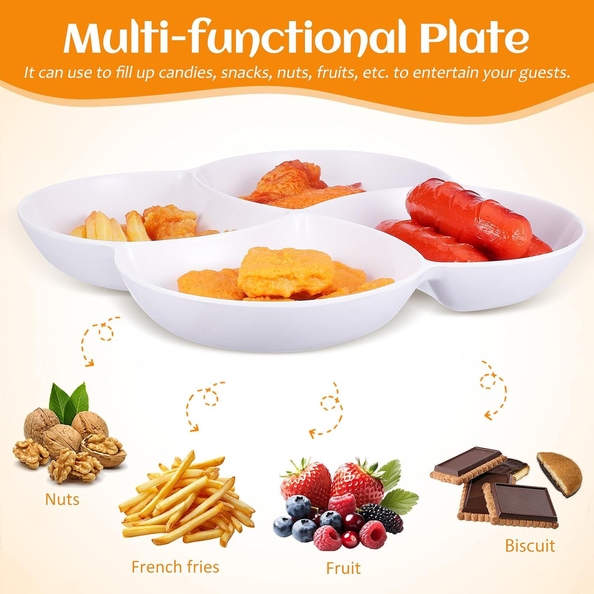 PRETYZOOM Multi-Grid Snack Plate White Fruit Tray Serving Tray for Dried Fruit Candy Nuts and Snacks Sectioned Serving Platter for Dining Table Party Entertaining 10.47 X 10.47 X 1.33 in