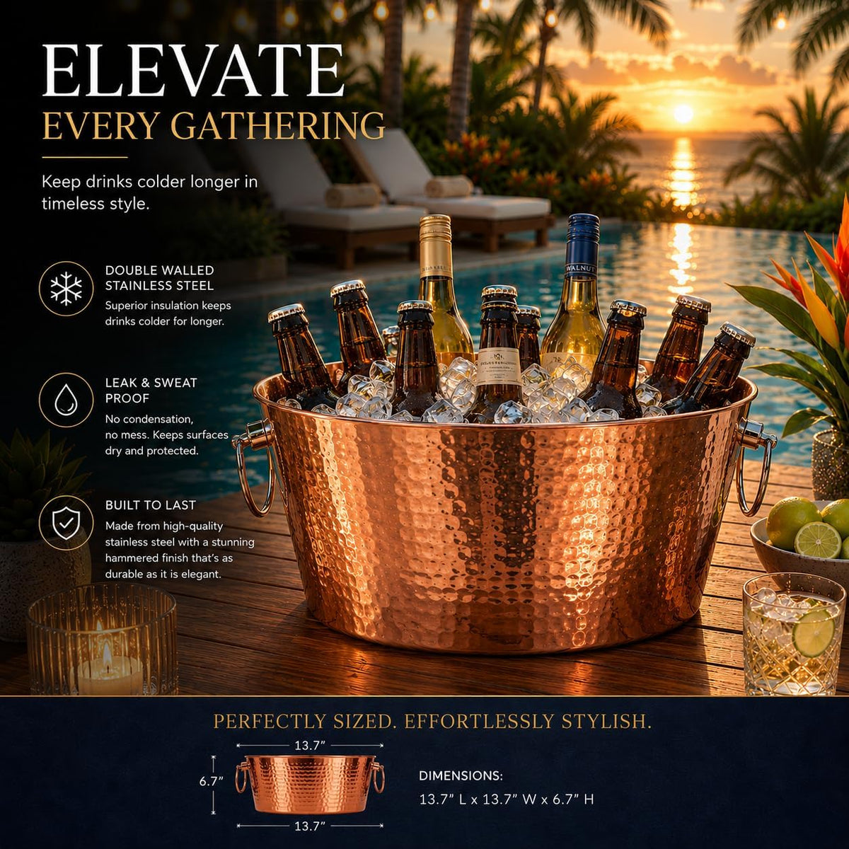 BREKX Insulated Stainless Steel Beverage Tub & Ice Bucket, Rose, 12Qt
