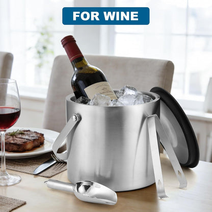 Ice Bucket, 4L Double Wall Insulated Ice Bucket with Lid,Scoop,Tongs- Inner Layer 304 Stainless Steel Ice Container Keep Ice Frozen Longer- Ideal for Cocktail Bar,Parties (4L)