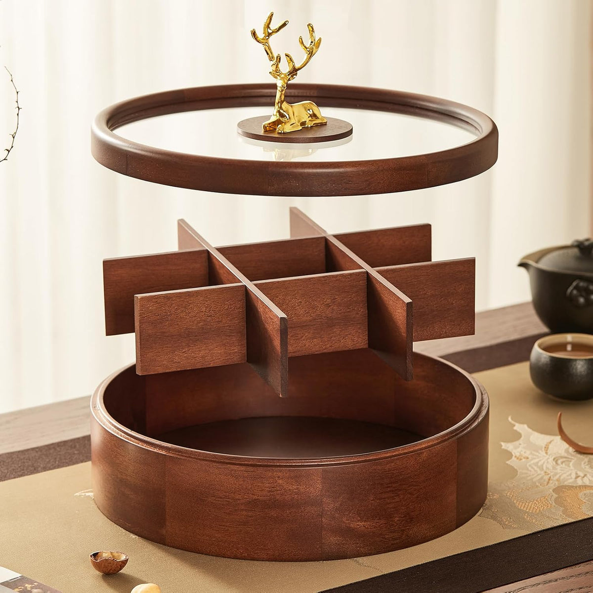 12" Wooden Serving Tray with Lid, 360° Rotating Snack Tray