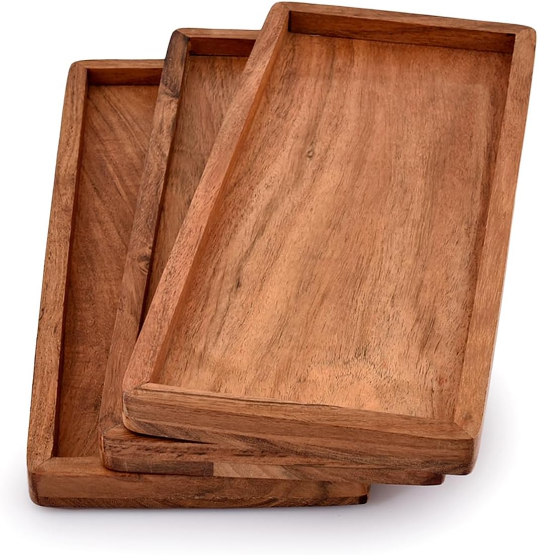 NIRMAN Acacia Wood Rectangular Wooden Platters for Home Decor, Food, Vegetables, Fruit, Charcuterie, Appetizer Serving Tray (13" x 5.5" x 0.75") (Set of 3)