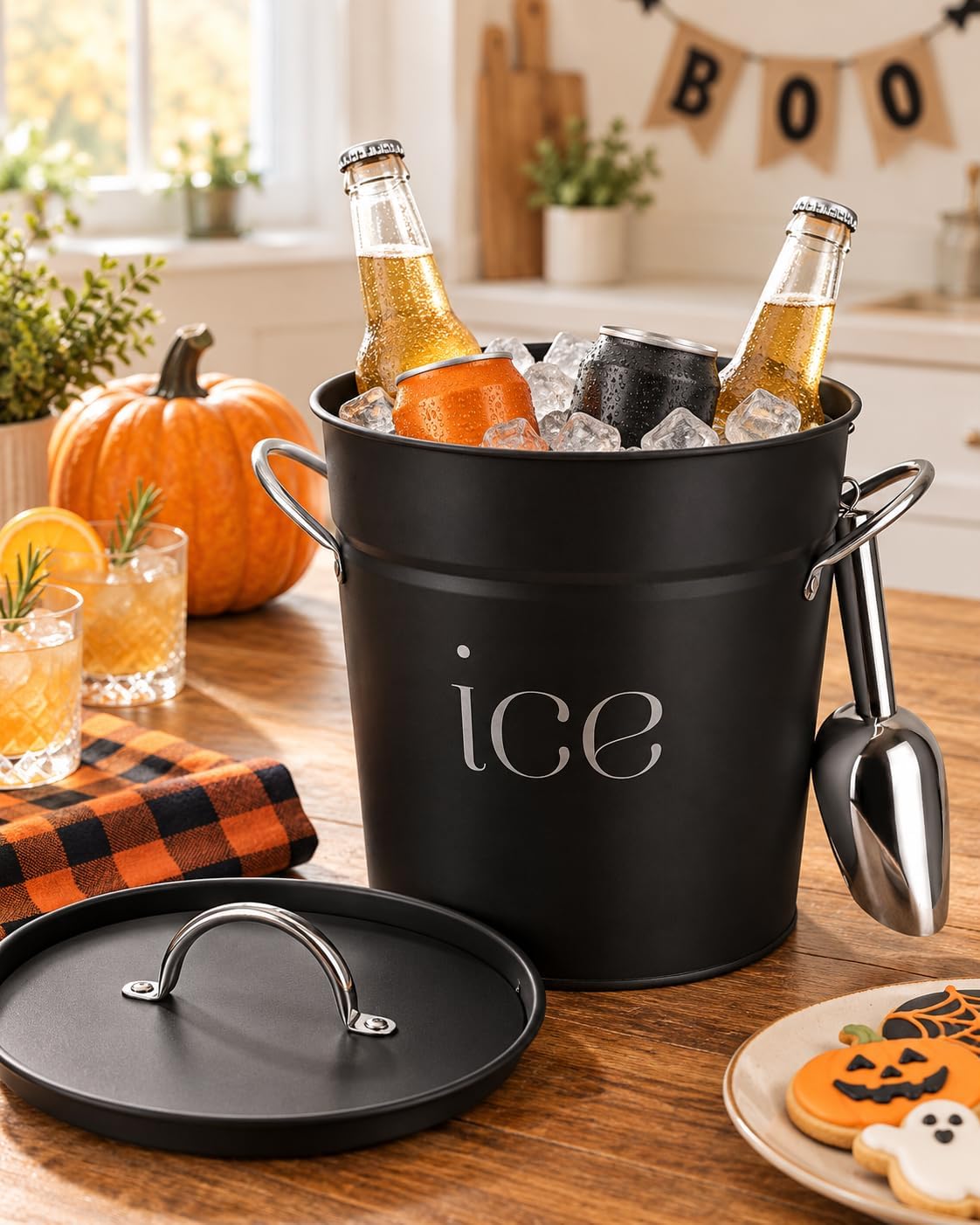 3 Qt Black Galvanized Ice Bucket with Lid, Scoop and Handles, Insulated