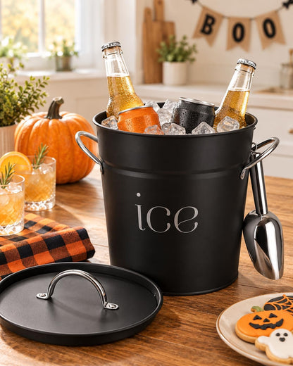 3 Qt Black Galvanized Ice Bucket with Lid, Scoop and Handles, Insulated