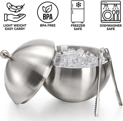 Yesland Ice Bucket with Lid, Double Insulation Ice Box Container Storage Box, 2 L Stainless Steel Ice Bucket Container with Ice Tong Scooper, Spherical Wine Champagne Barrel for Home Party Bar