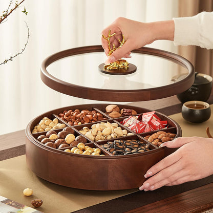 12" Wooden Serving Tray with Lid, 360° Rotating Snack Tray