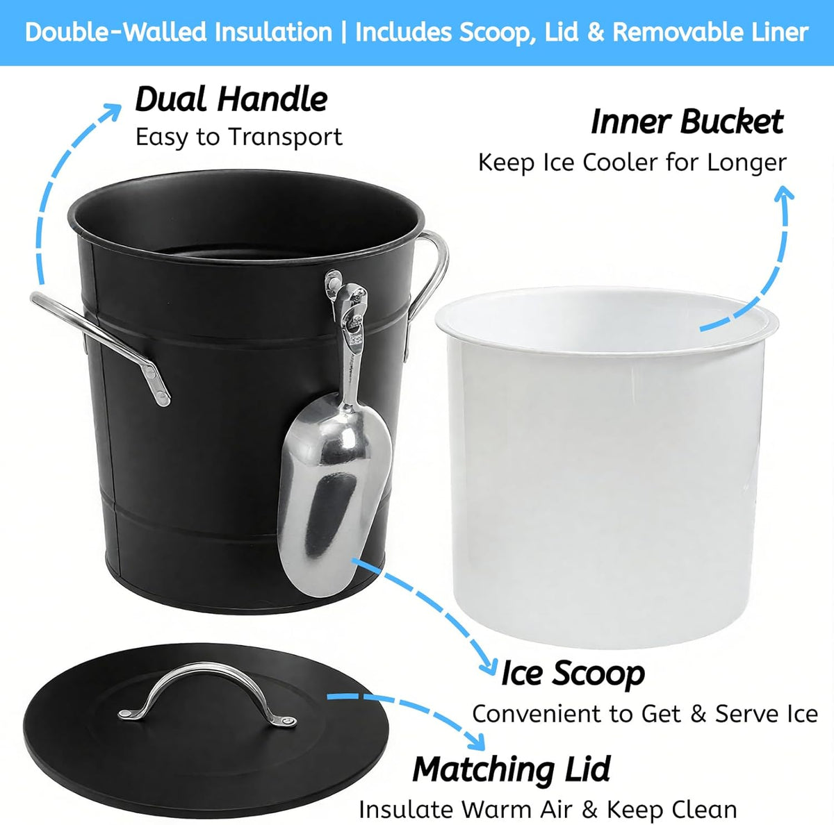 YOUEON 4L Ice Bucket with Scoop and Lid, Double Walled Insulated Wine Bucket Chiller with Carry Handles, Beverage Tub for Cocktail Party, Camping, BBQ, Indoor & Outdoor Use, Black