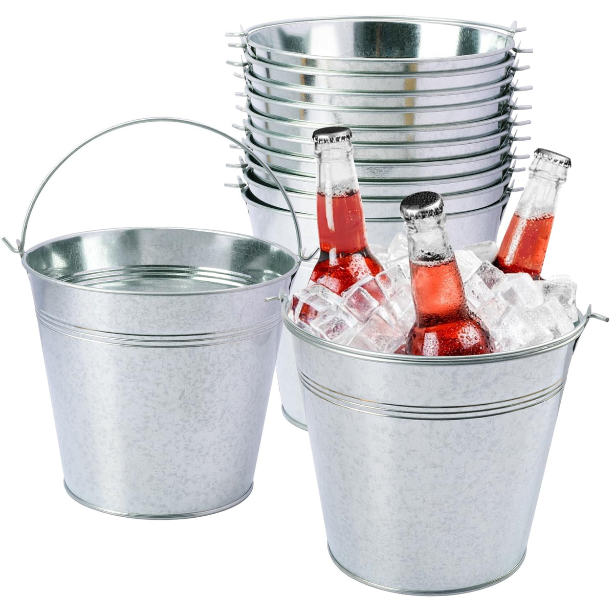 8 Pack 7 inch Red Metal Ice Bucket with Handles, 7 inch Red Serving Pail Ice Bucket, Galvanized Beer Buckets for Party, Home, Bar, and Outdoor Use