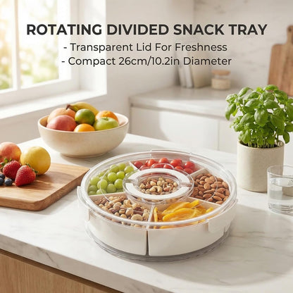 Snackle Box Container with Lid and Handle, 6-Compartment 360° Rotating Snack Tray, Portable Divided Serving Tray for Fruits Candy Nuts, Party Travel Home, 6 Compartments
