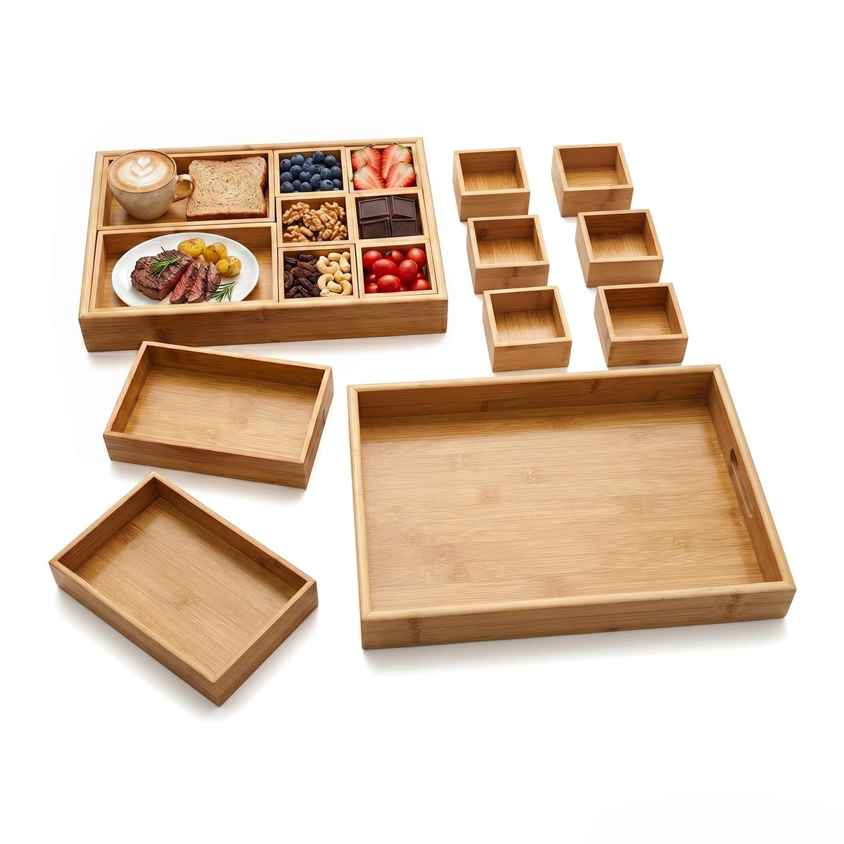 Natural Bamboo Serving Tray with Handles, Multi‑Compartmen tparty Food Tray
