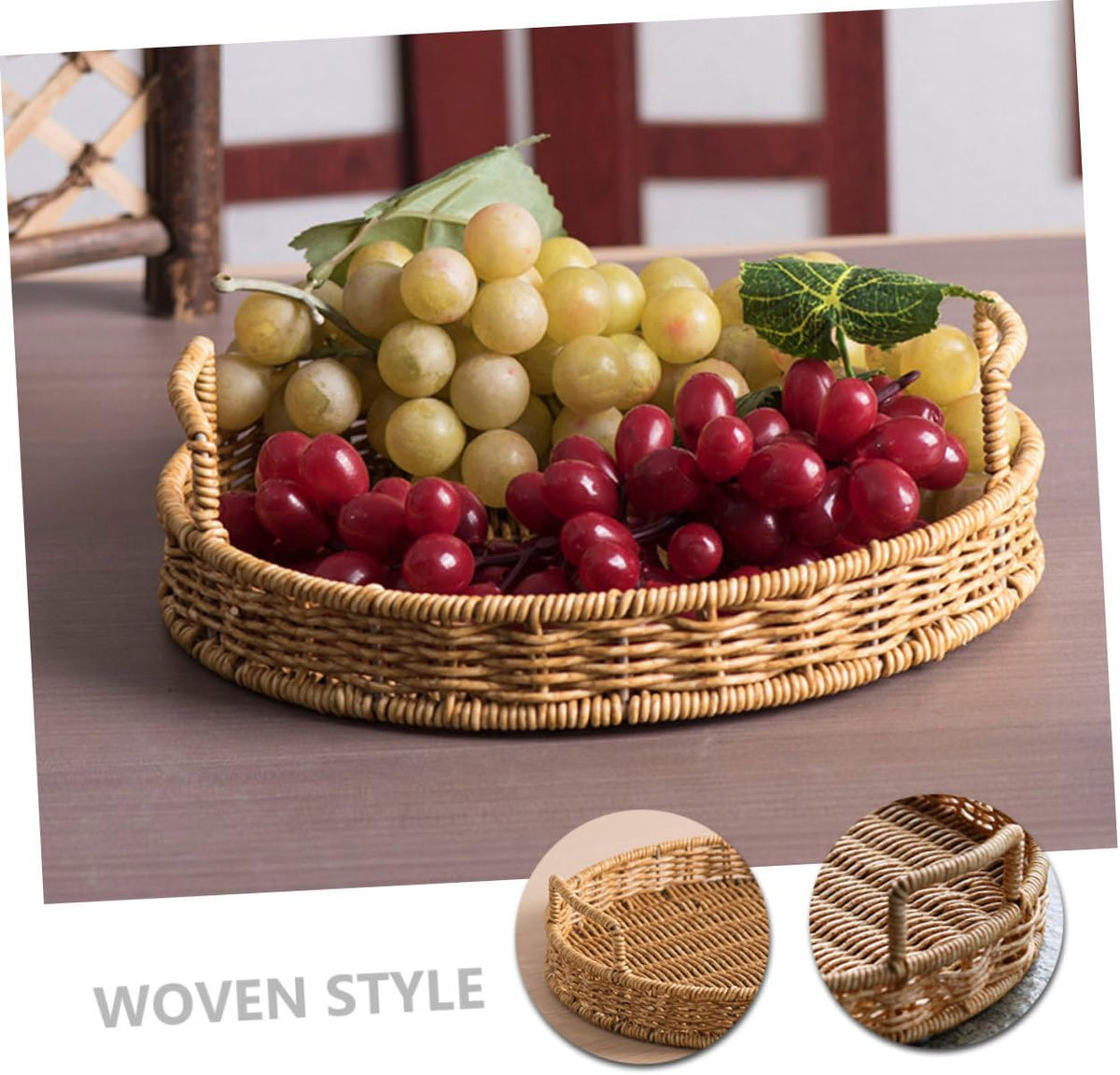 Woven Bread Basket Imitation Rattan Serving Tray with Handle 8.66 X 8.66 X 2.75 in for Fruit Snacks Dried Fruit Candy Kitchen Counter Home Hotel Shop