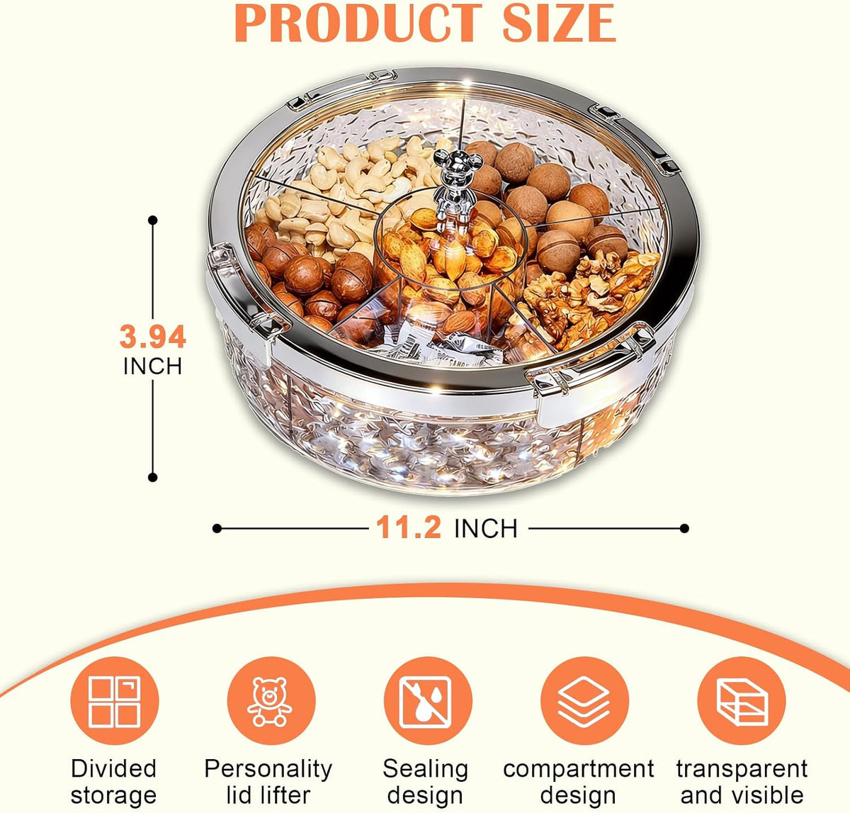 Snack Tray with Lid, 6-Compartment Clear Storage Box