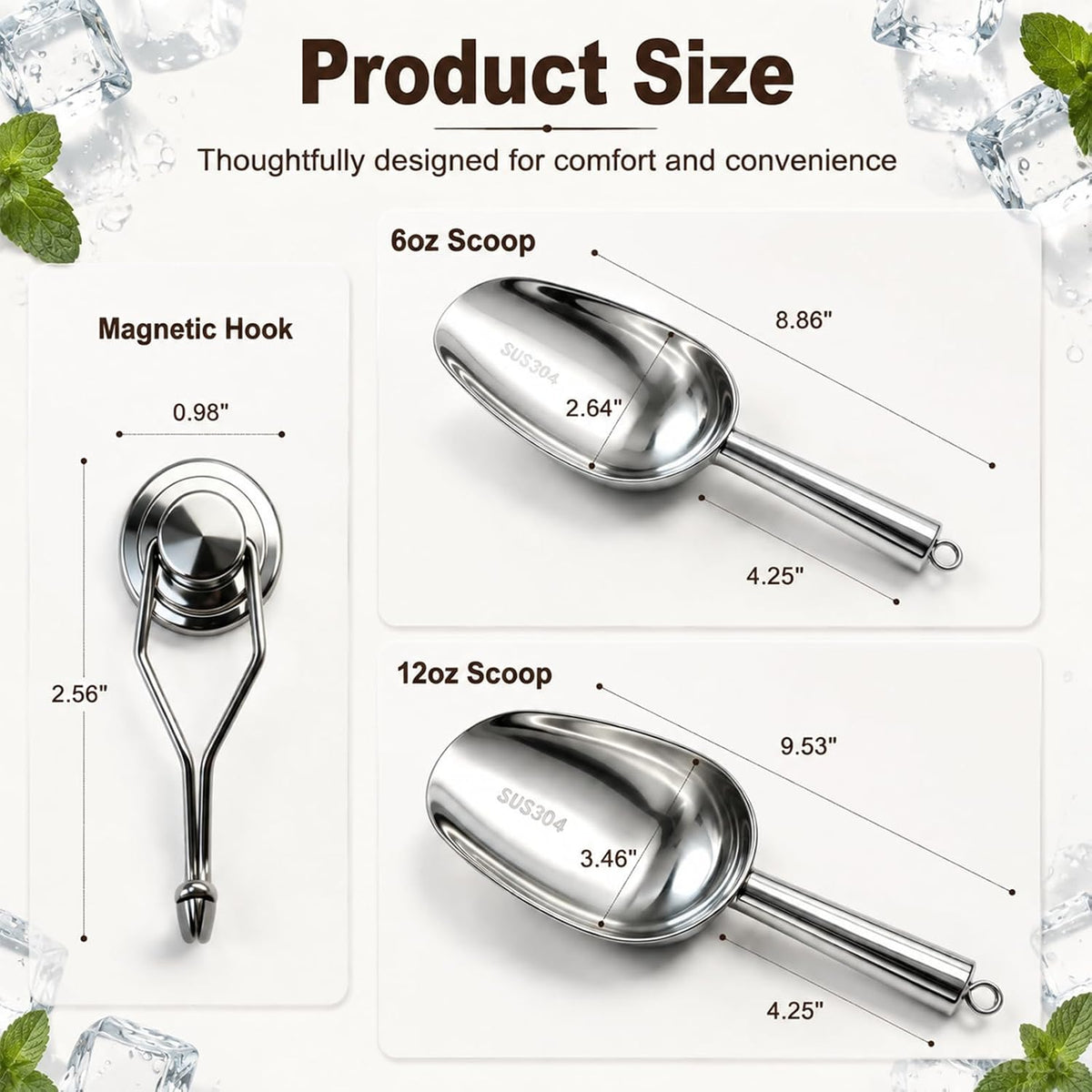 6Oz 304 Stainless Steel Ice Scoop for Freezer with Magnetic Hook