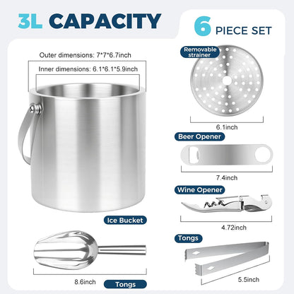 3L Ice Buckets for Parties 6PC Stainless Steel Ice Bucket Set