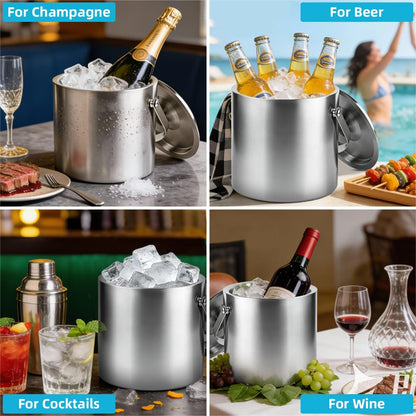 ChefBee 3L Double-Wall Stainless Steel Ice Bucket with Lid & Tongs