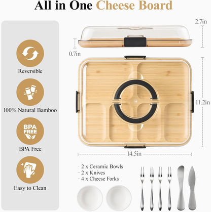 Portable Bamboo Charcuterie Board with Lid, 6 Compartments